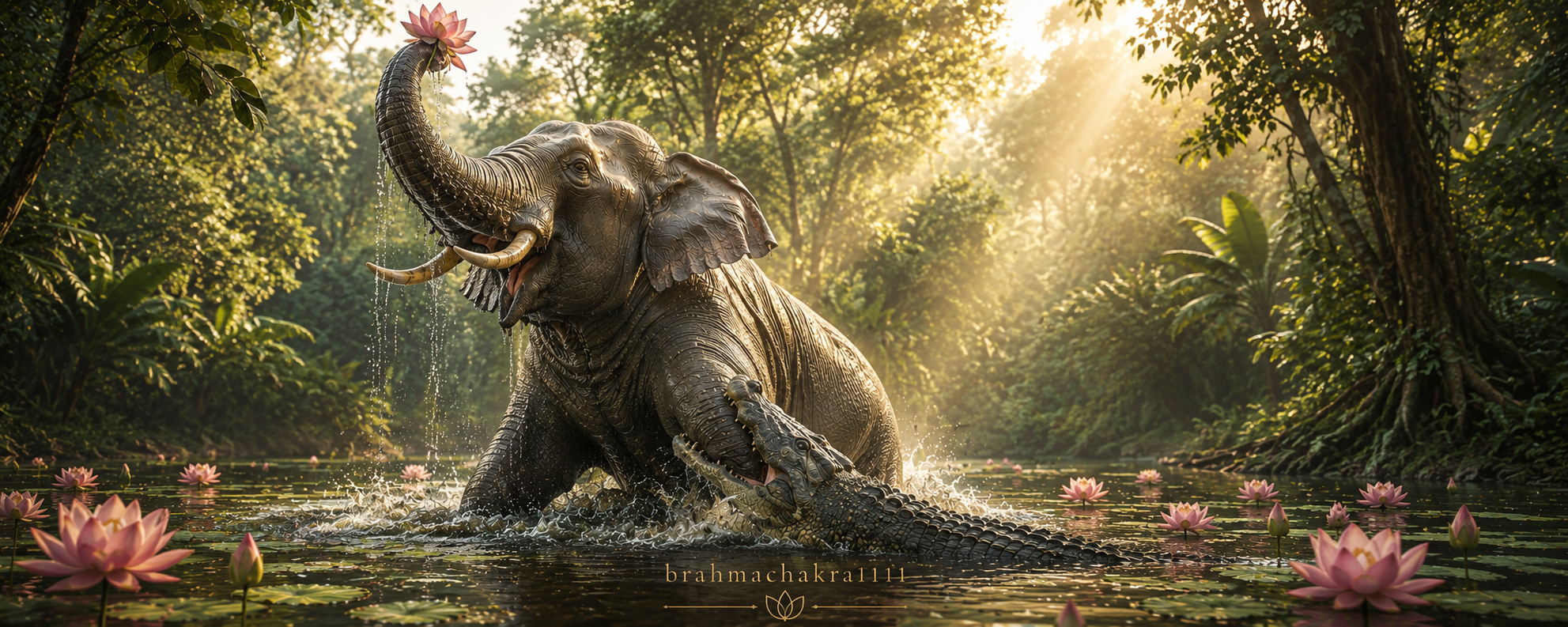 Gajendra the elephant lifting a lotus as a crocodile grips his leg